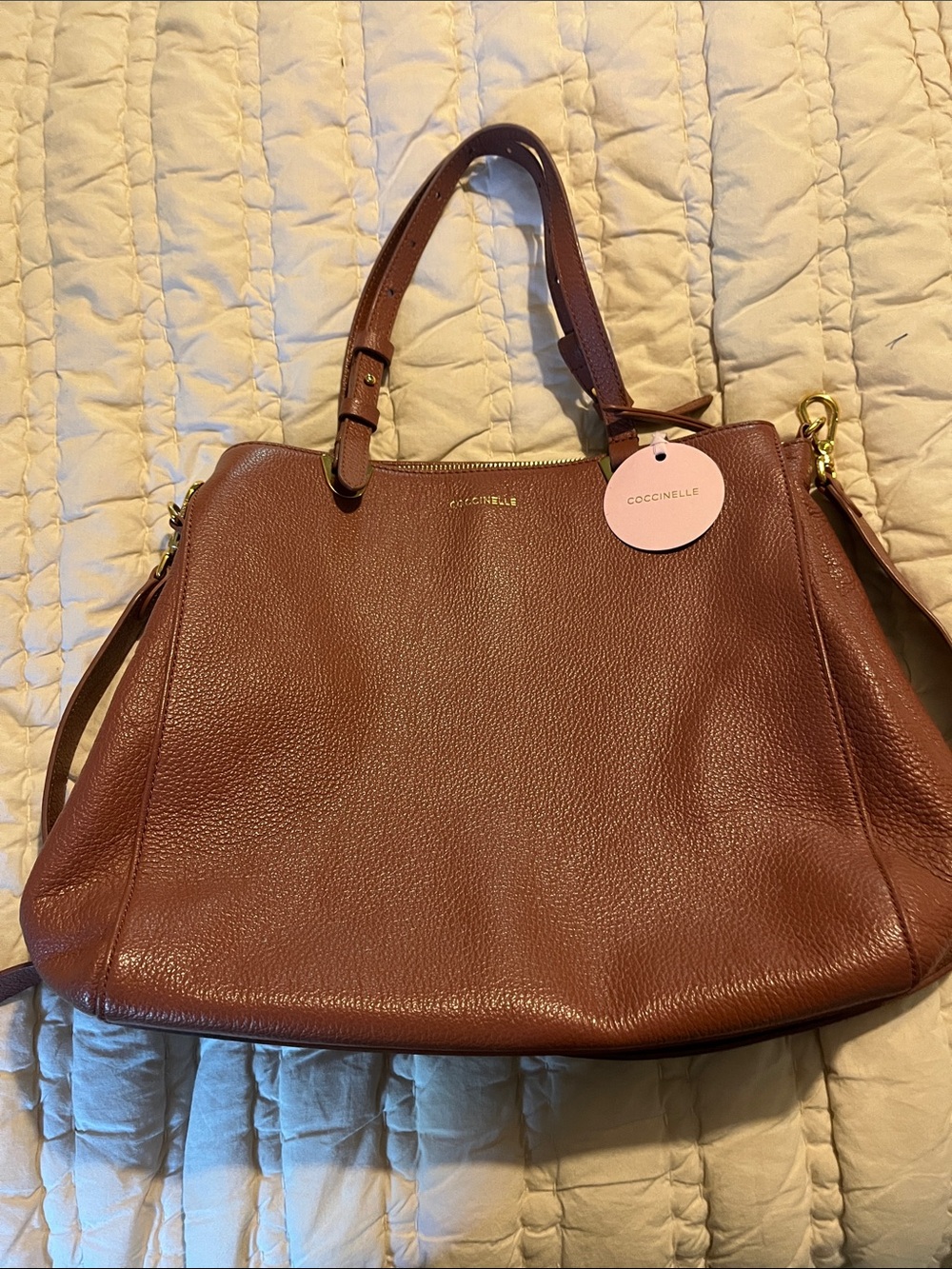 Coccinelle Lea Medium Pebbled Leather Tote Bag in Cinnamon / Cognac